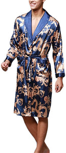 Men's Black Satin Kimono Silk Long Sleeve Robe