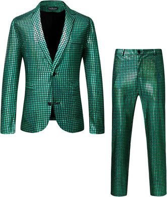 Men's Green Shiny Jacket & Metallic Pants 2 Piece Sequin Sets