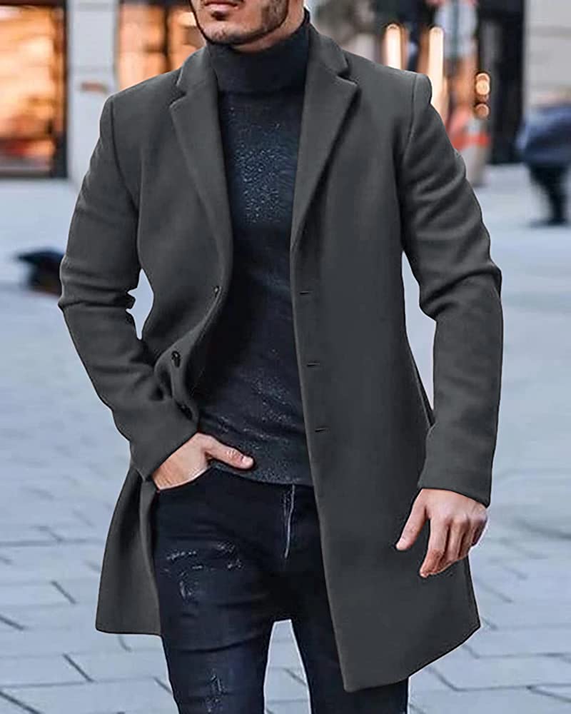 Men's Trench Coat Dark Grey Winter Warm Cotton Long Jacket Overcoat