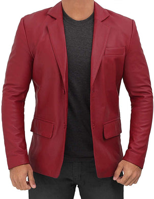 Men's Leather Blazer Red Sports Lambskin Button Closure Coat