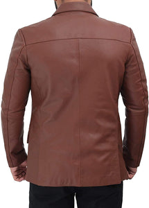 Men's Leather Blazer Brown Sports Lambskin Button Closure Coat