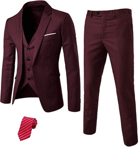 Exclusive Men's Coral Peach Slim Fit Tux Jacket Vest Pants & Tie Set