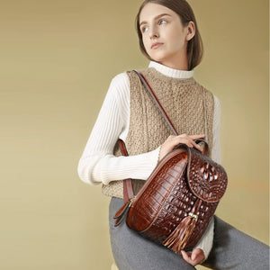 Small Brown Crocodile Leather Casual Women's Backpack