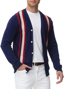 Men's Royal Blue Long Sleeve Vintage Stripes Cardigan Sweater Button Down V-Neck Knitwear