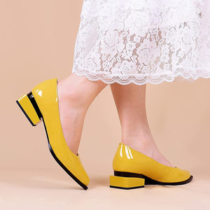Patent Leather Yellow Overlapping Square Heel Slip-on Loafers