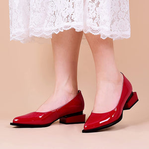 Patent Leather Red Overlapping Square Heel Slip-on Loafers