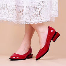 Load image into Gallery viewer, Patent Leather Red Overlapping Square Heel Slip-on Loafers