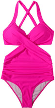 Load image into Gallery viewer, Front Cross Hot Pink One Piece Cutout Monokini Swimsuit