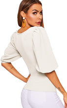 Load image into Gallery viewer, Casual White Puff Sleeve Square Neck Slim Fit Blouse