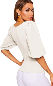 Casual White Puff Sleeve Square Neck Slim Fit Blouse