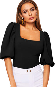 Casual Black Puff Sleeve Square Neck Slim Fit Crop Top
