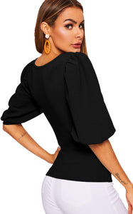 Casual Black Puff Sleeve Square Neck Slim Fit Crop Top