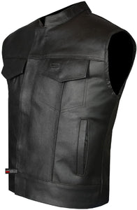 Men's Black Leather Sleeveless Motorcycle Biker Vest