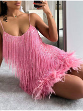 Load image into Gallery viewer, Beautiful Pink Sleeveless Sequined Feathers Fringe Cocktail Mini Dress