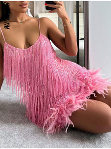 Beautiful Pink Sleeveless Sequined Feathers Fringe Cocktail Mini Dress