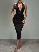 Load image into Gallery viewer, Honey Black Textured Halter Midi Dress