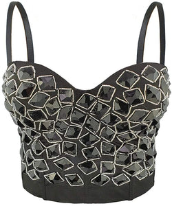 Glittery Push Up Bustier Green Rhinestones Club Party Crop Top
