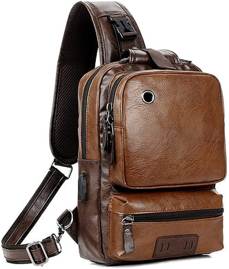 Brown Vintage PU Leather USB Charger Crossbody Bag
