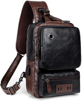 Black/Brown Vintage PU Leather USB Charger Crossbody Bag
