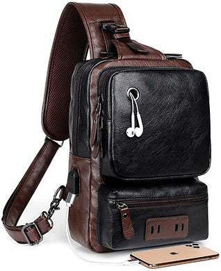 Large Black Vintage PU Leather USB Charger Crossbody Bag