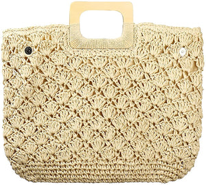 Hand Woven Apricot Straw Tote Beach Bag with Lining Pockets
