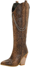 Load image into Gallery viewer, Women&#39;s Pointed Toe Knee High Brown Cowgirl Boots with Chain