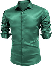Load image into Gallery viewer, Men&#39;s Luxury Dark Green Shiny Silk Long Sleeve Slim Fit Shirt