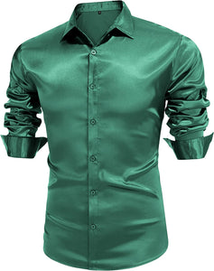 Men's Luxury Dark Green Shiny Silk Long Sleeve Slim Fit Shirt