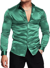 Load image into Gallery viewer, Men&#39;s Luxury Dark Green Shiny Silk Long Sleeve Slim Fit Shirt
