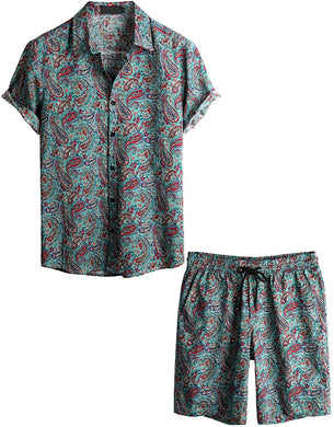 Men's Paisley Teal Printed Short Sleeve Shirt & Shorts Set