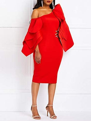 Ruffle Sleeve Red Off Shoulder Long Sleeve Bodycon Dress