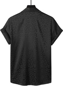 Men's White Satin Leopard Jacquard Short Sleeve Shirt