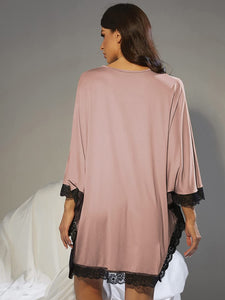Lace Trim Dusty Pink V-Neck Batwing Sleeve Chemise Nightgown