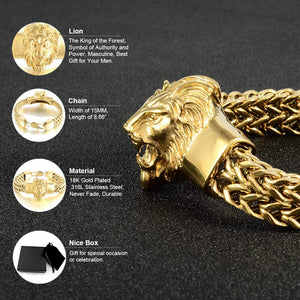 Fine Chain Gold Double Franco Lion Head Stainless Steel Bracelet