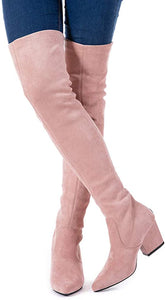 Winter Pink Suede Over Knee Chunky Heel Boots