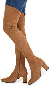 Winter Red Suede Over Knee Chunky Heel Boots