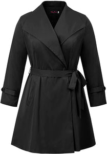 Lapel Trench Black Plus Size Coat Belted Lightweight Long Jacket
