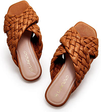 Load image into Gallery viewer, Square Open Toe Brown Braided Cross Band Flat Sandals