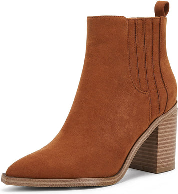 Pointed Toe Brown Chunky Block Slip on Boots