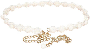 White Pearl Rhinestone Flower Women's Dress Belt Pearl Bridal Beaded Shiny Diamond Waist Chain