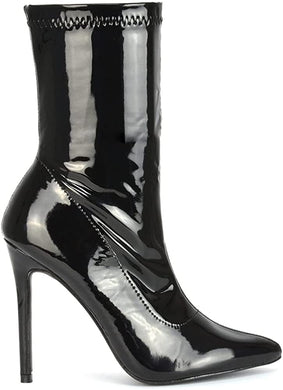 Pointed Sock  Black Patent Pull On Stiletto Ankle Boots