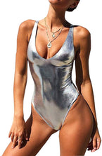 Load image into Gallery viewer, Metallic Glitter Shiny Silver One Piece Solid High Cut Beachwear