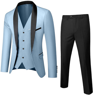Men's One Button Lapel Sky Blue 3pc Wedding Tuxedo Suit