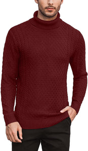 Men's White Turtleneck Slim Fit  Knitted Diamond Pattern Sweater
