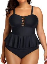 Load image into Gallery viewer, Modish Black Tummy Control Two Piece Bathing Suit