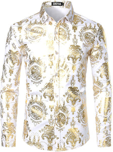 Men's Luxury Baroque Shiny Turquoise & Black Long Sleeve Button Up Shirt