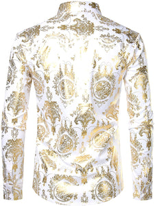 Men's Luxury Baroque Shiny Gold & White Long Sleeve Button Up Shirt
