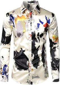 Men's Luxury Chained Black Printed Silk Like Satin Button Down Shirt