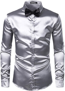 Men's Luxury White Silk Long Sleeve Satin Button Up Shirt