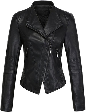 Black Long Sleeve Faux Leather Biker Jacket